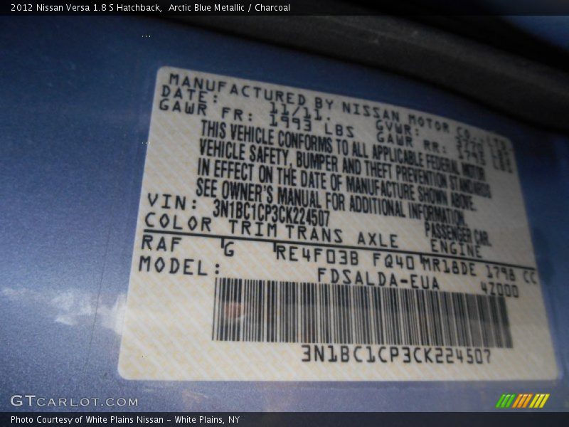Arctic Blue Metallic / Charcoal 2012 Nissan Versa 1.8 S Hatchback