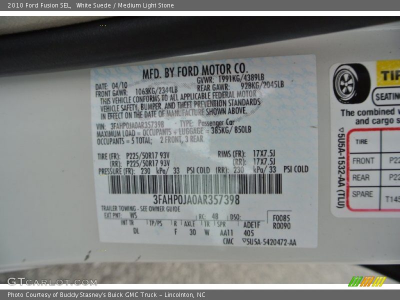 White Suede / Medium Light Stone 2010 Ford Fusion SEL