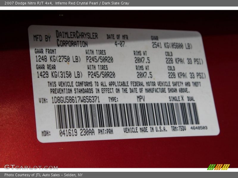 2007 Nitro R/T 4x4 Inferno Red Crystal Pearl Color Code PRH