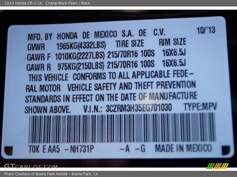 Crystal Black Pearl / Black 2014 Honda CR-V LX