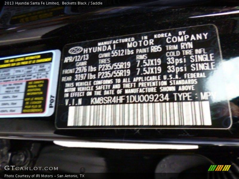 Becketts Black / Saddle 2013 Hyundai Santa Fe Limited