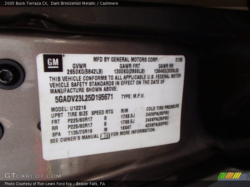 Dark Bronzemist Metallic / Cashmere 2005 Buick Terraza CX