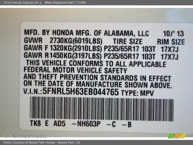 White Diamond Pearl / Truffle 2014 Honda Odyssey EX-L