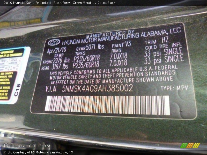 Black Forest Green Metallic / Cocoa Black 2010 Hyundai Santa Fe Limited