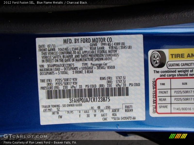 Blue Flame Metallic / Charcoal Black 2012 Ford Fusion SEL