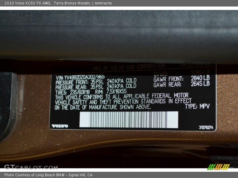 Terra Bronze Metallic / Anthracite 2010 Volvo XC60 T6 AWD