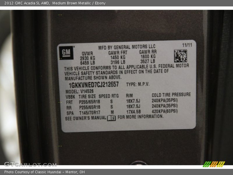 Medium Brown Metallic / Ebony 2012 GMC Acadia SL AWD