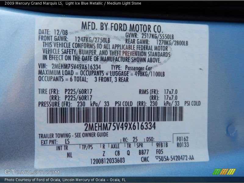 Light Ice Blue Metallic / Medium Light Stone 2009 Mercury Grand Marquis LS