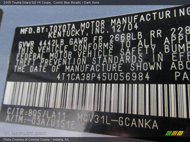 2005 Solara SLE V6 Coupe Cosmic Blue Metallic Color Code 8Q5