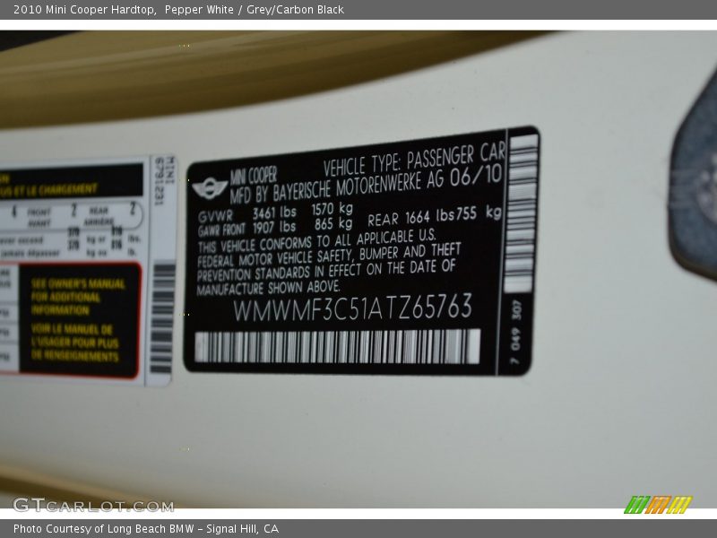 Pepper White / Grey/Carbon Black 2010 Mini Cooper Hardtop