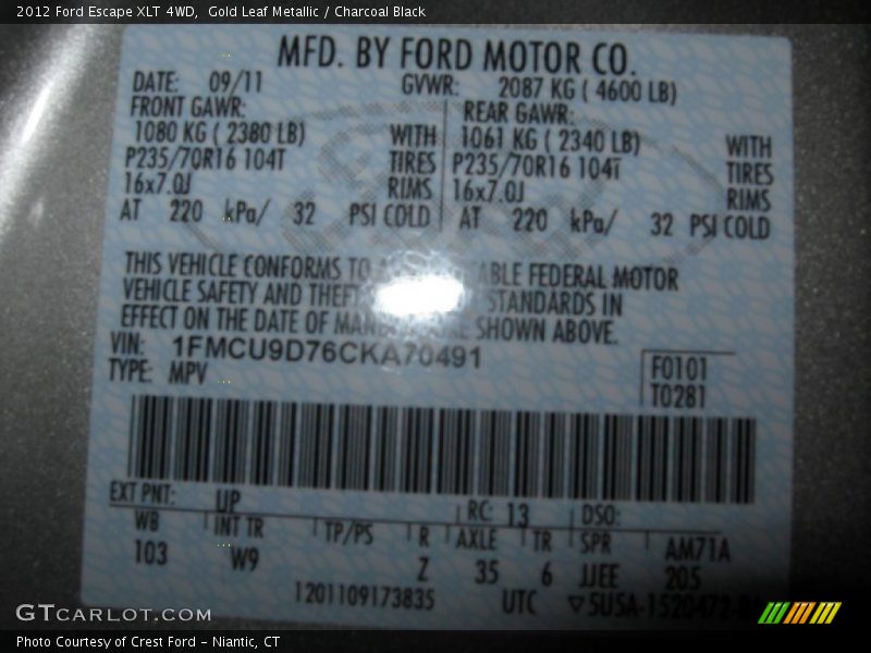 Gold Leaf Metallic / Charcoal Black 2012 Ford Escape XLT 4WD