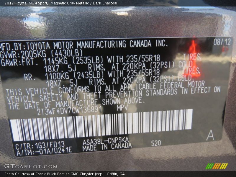 Magnetic Gray Metallic / Dark Charcoal 2012 Toyota RAV4 Sport