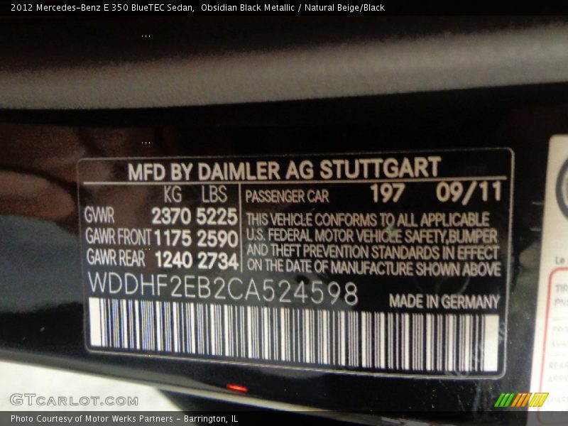Obsidian Black Metallic / Natural Beige/Black 2012 Mercedes-Benz E 350 BlueTEC Sedan