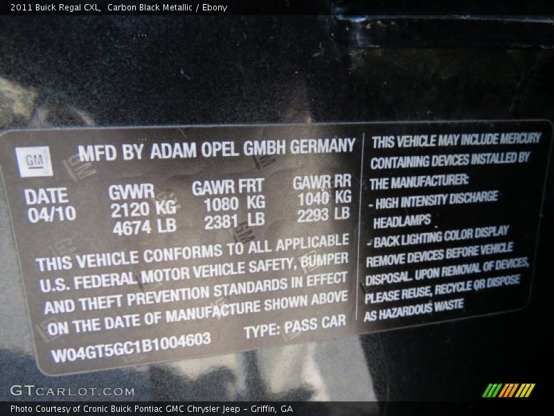 Carbon Black Metallic / Ebony 2011 Buick Regal CXL