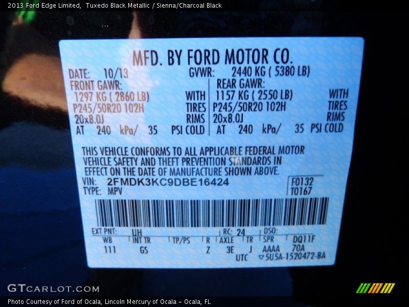 Tuxedo Black Metallic / Sienna/Charcoal Black 2013 Ford Edge Limited
