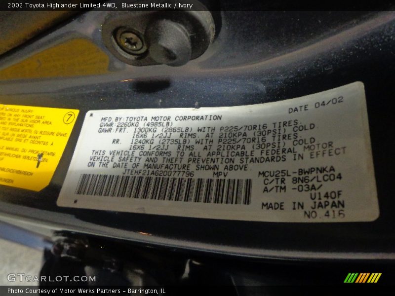 Bluestone Metallic / Ivory 2002 Toyota Highlander Limited 4WD