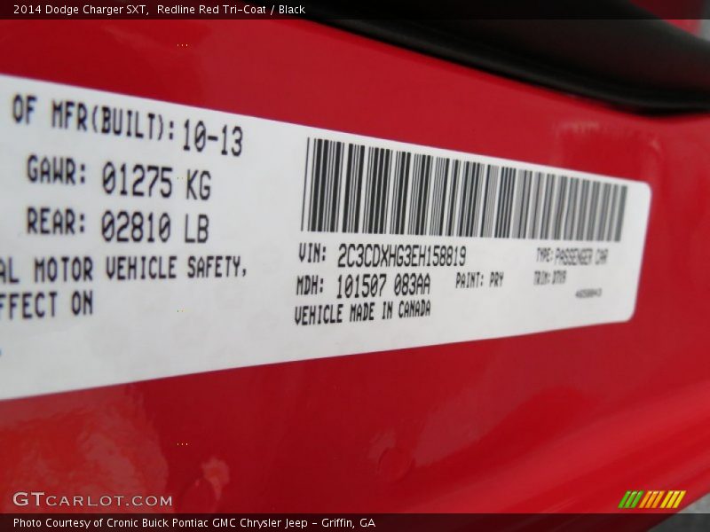 2014 Charger SXT Redline Red Tri-Coat Color Code PRY