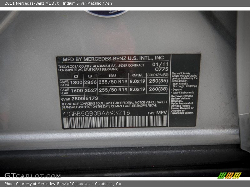 Iridium Silver Metallic / Ash 2011 Mercedes-Benz ML 350