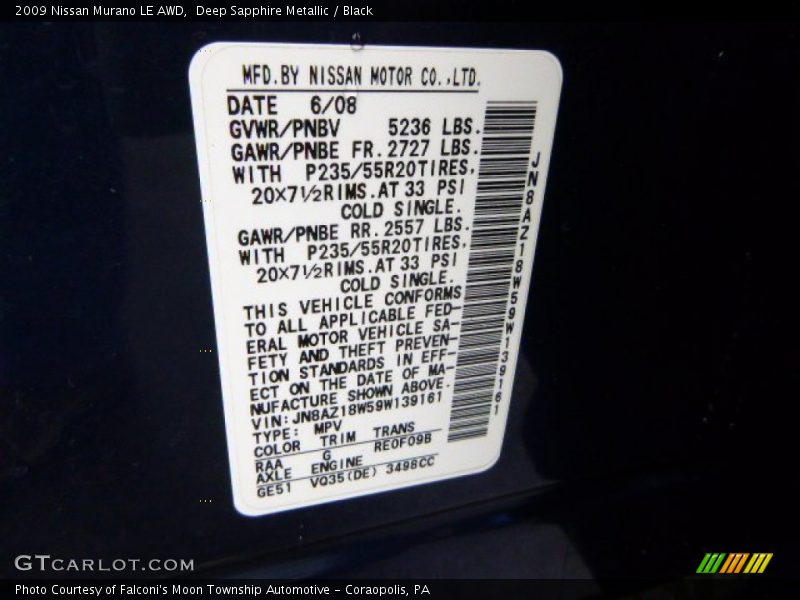 Deep Sapphire Metallic / Black 2009 Nissan Murano LE AWD