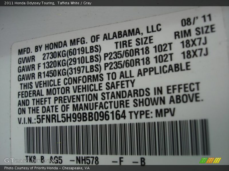 Taffeta White / Gray 2011 Honda Odyssey Touring