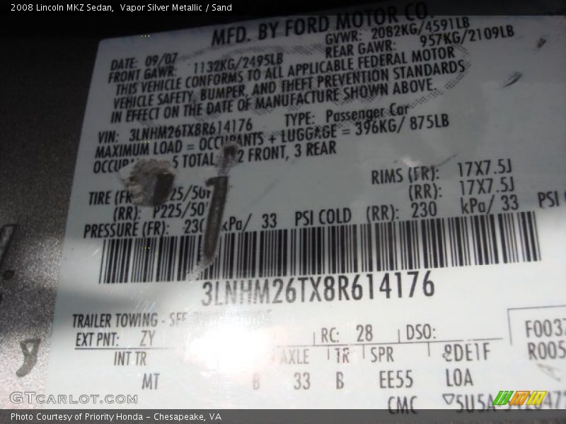 Vapor Silver Metallic / Sand 2008 Lincoln MKZ Sedan