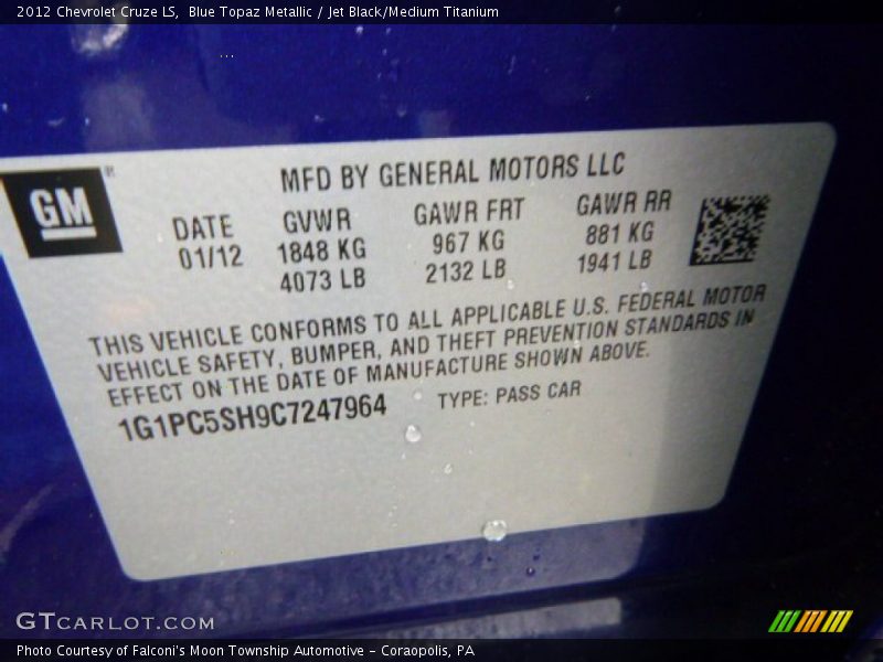 Blue Topaz Metallic / Jet Black/Medium Titanium 2012 Chevrolet Cruze LS