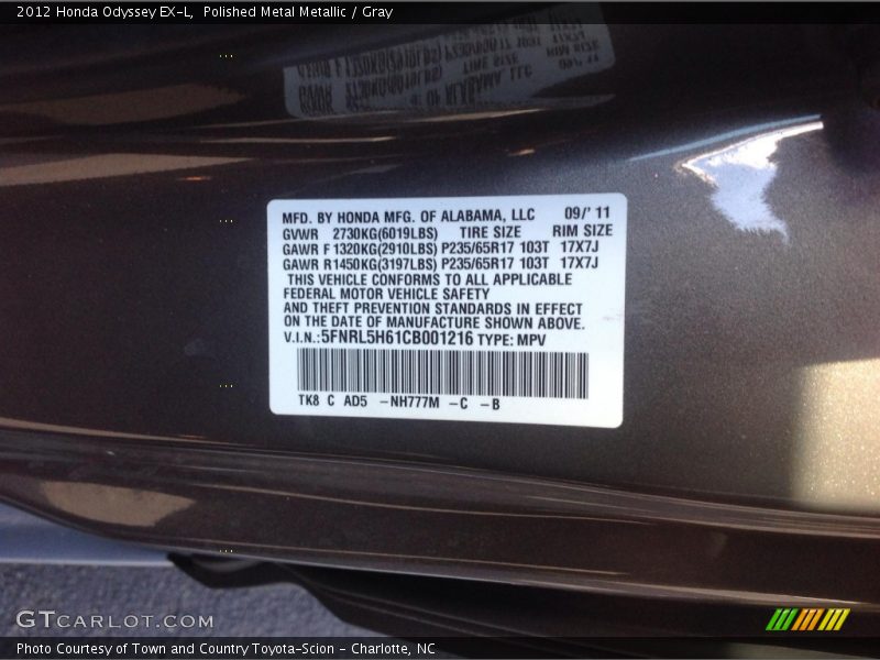 Polished Metal Metallic / Gray 2012 Honda Odyssey EX-L