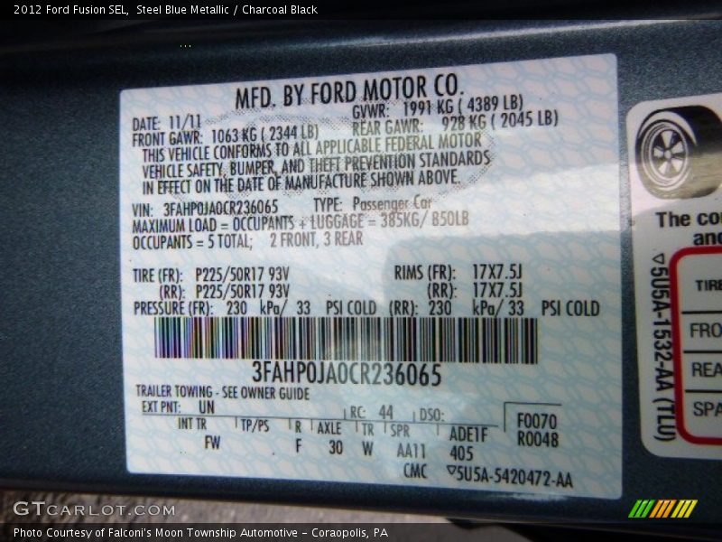 Steel Blue Metallic / Charcoal Black 2012 Ford Fusion SEL