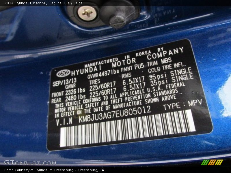 2014 Tucson SE Laguna Blue Color Code PU5