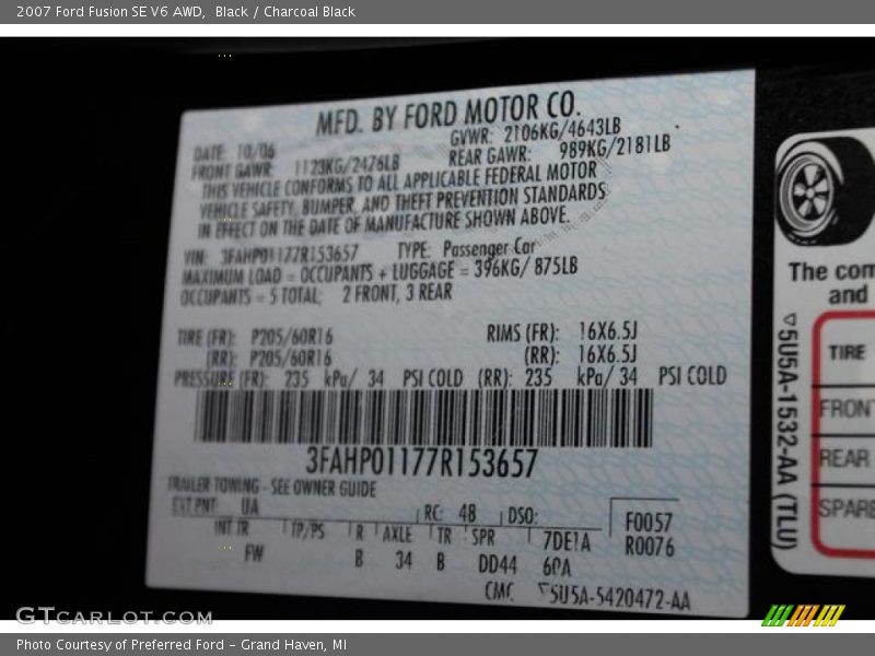 Black / Charcoal Black 2007 Ford Fusion SE V6 AWD