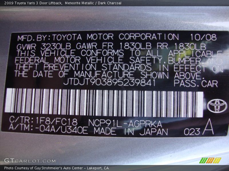 Meteorite Metallic / Dark Charcoal 2009 Toyota Yaris 3 Door Liftback