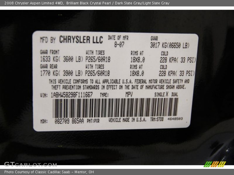 2008 Aspen Limited 4WD Brilliant Black Crystal Pearl Color Code PXR
