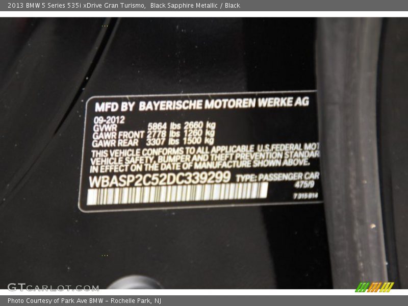 2013 5 Series 535i xDrive Gran Turismo Black Sapphire Metallic Color Code 475