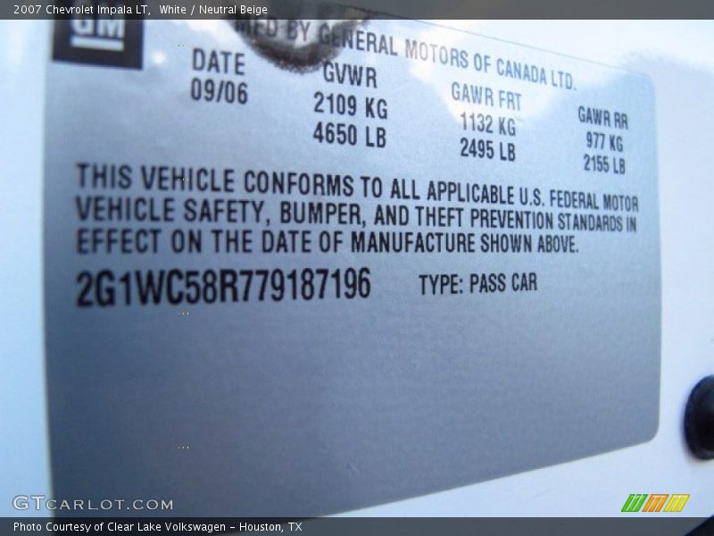 White / Neutral Beige 2007 Chevrolet Impala LT