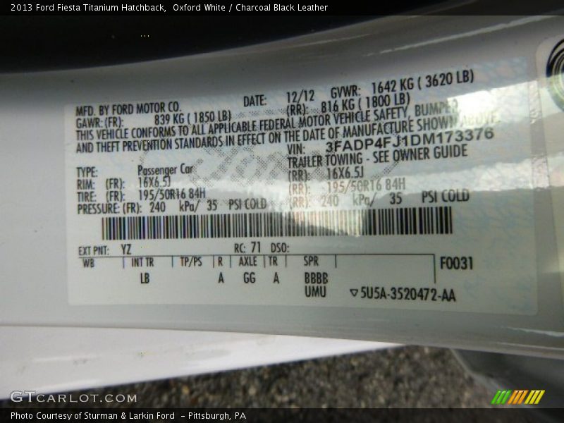 2013 Fiesta Titanium Hatchback Oxford White Color Code YZ