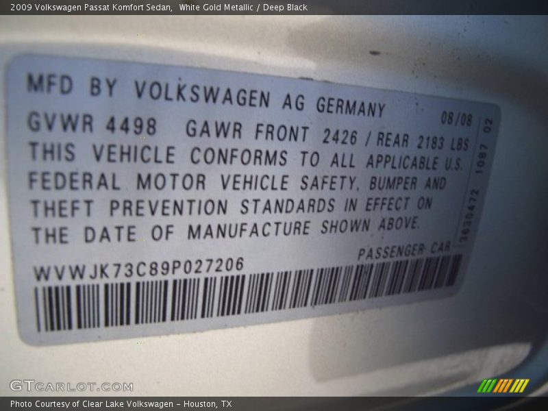 White Gold Metallic / Deep Black 2009 Volkswagen Passat Komfort Sedan
