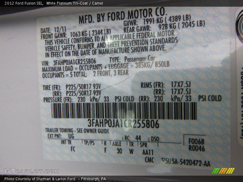 White Platinum Tri-Coat / Camel 2012 Ford Fusion SEL