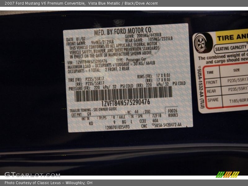 2007 Mustang V6 Premium Convertible Vista Blue Metallic Color Code G9