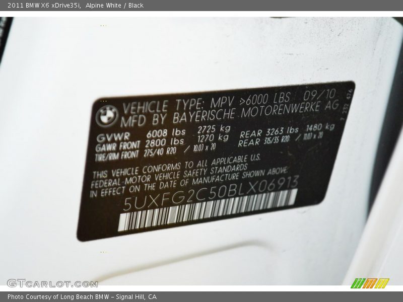 Alpine White / Black 2011 BMW X6 xDrive35i