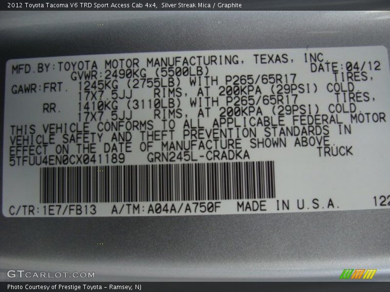 Silver Streak Mica / Graphite 2012 Toyota Tacoma V6 TRD Sport Access Cab 4x4