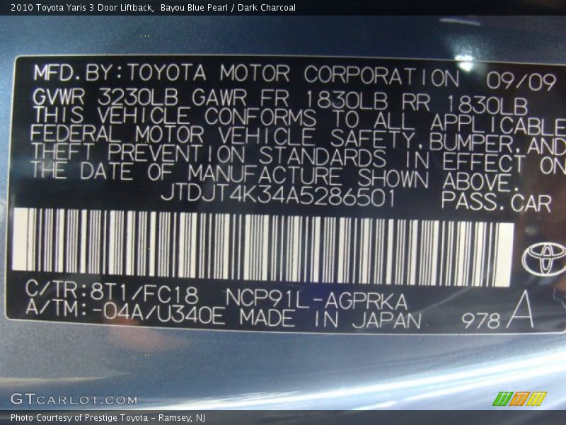 Bayou Blue Pearl / Dark Charcoal 2010 Toyota Yaris 3 Door Liftback