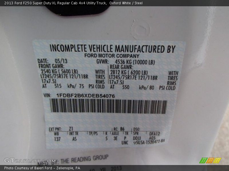 2013 F250 Super Duty XL Regular Cab 4x4 Utility Truck Oxford White Color Code Z1