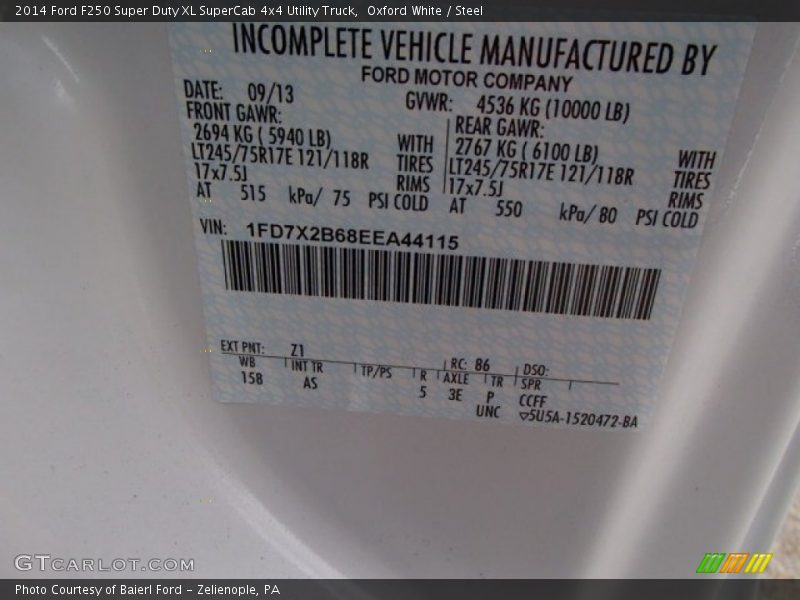 2014 F250 Super Duty XL SuperCab 4x4 Utility Truck Oxford White Color Code Z1