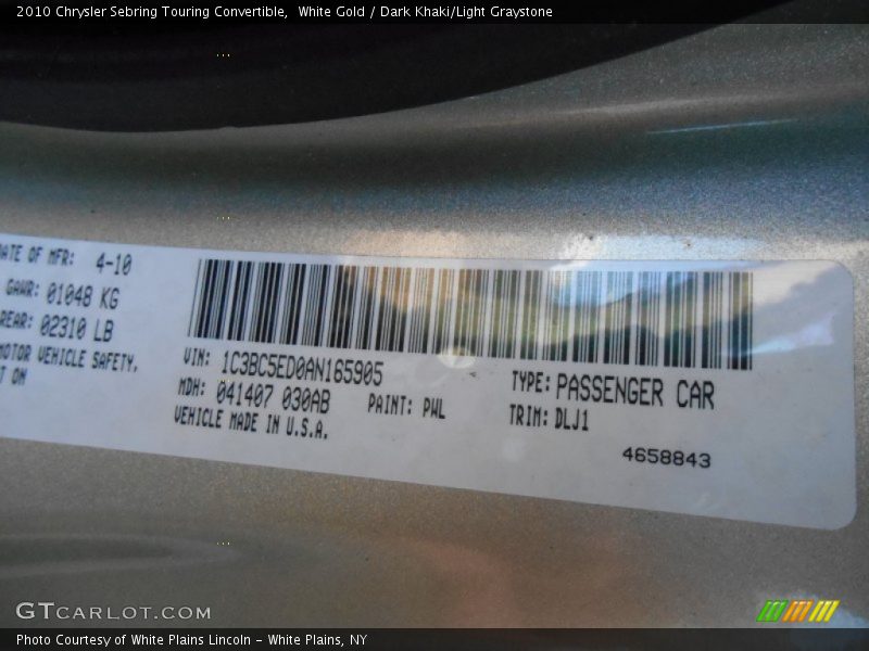 White Gold / Dark Khaki/Light Graystone 2010 Chrysler Sebring Touring Convertible
