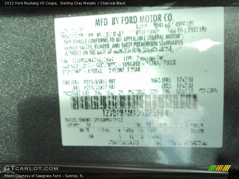 Sterling Gray Metallic / Charcoal Black 2013 Ford Mustang V6 Coupe