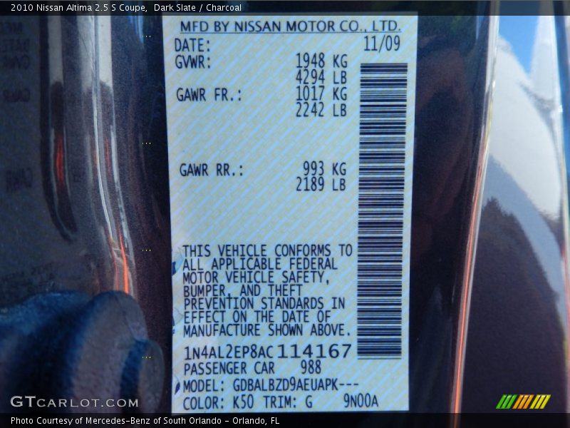 Dark Slate / Charcoal 2010 Nissan Altima 2.5 S Coupe