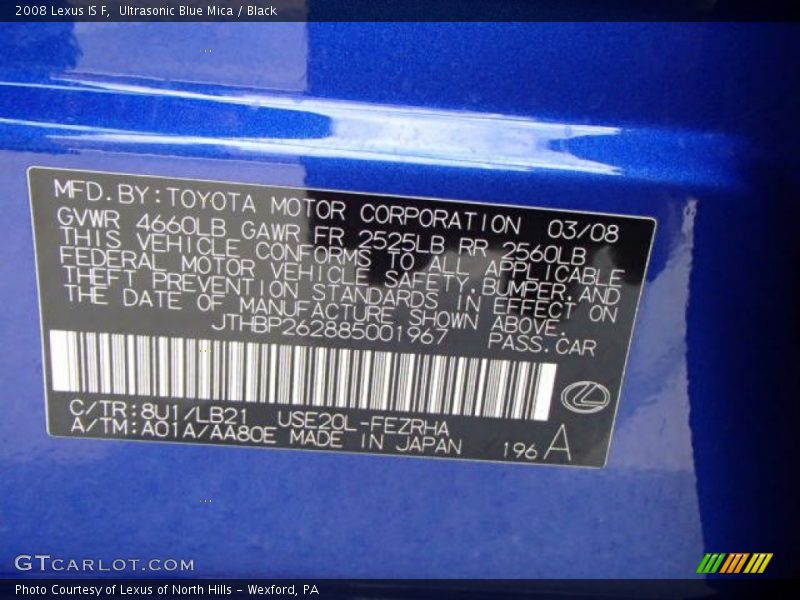 2008 IS F Ultrasonic Blue Mica Color Code 8U1