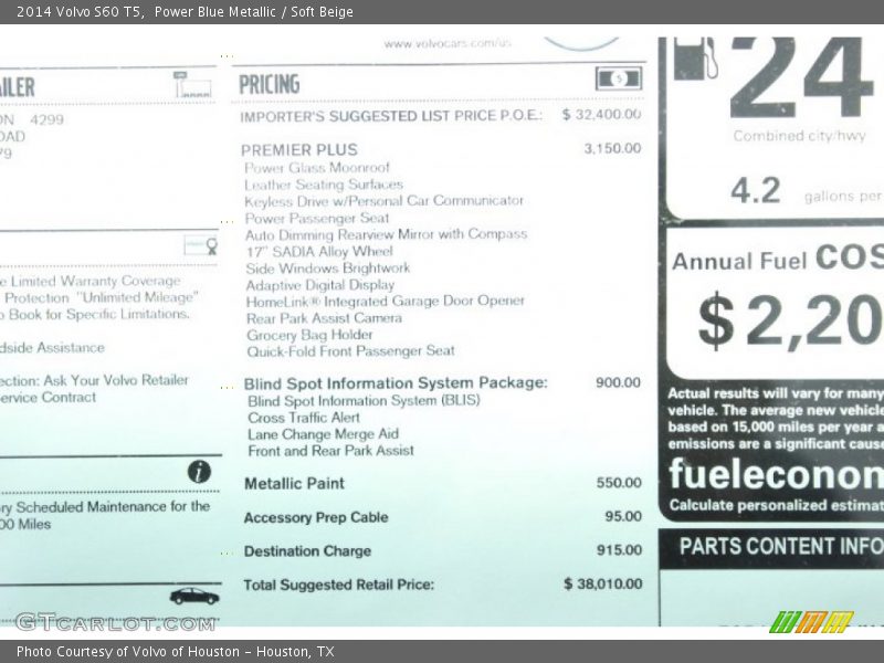 Power Blue Metallic / Soft Beige 2014 Volvo S60 T5