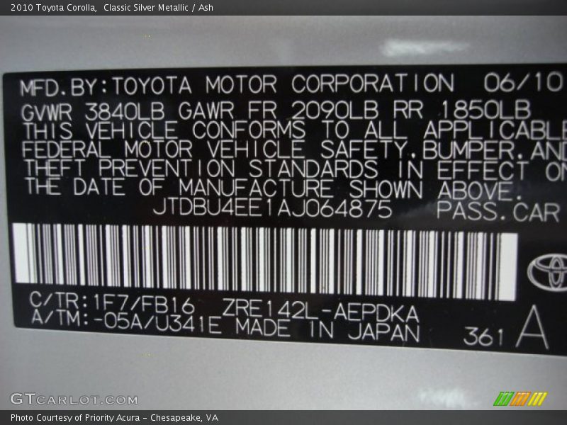 Classic Silver Metallic / Ash 2010 Toyota Corolla