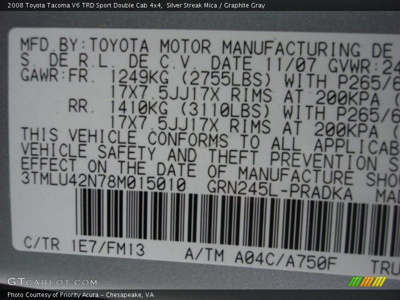Silver Streak Mica / Graphite Gray 2008 Toyota Tacoma V6 TRD Sport Double Cab 4x4